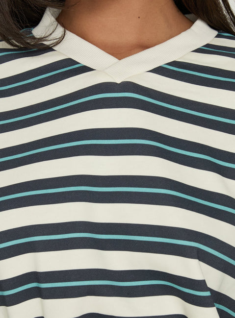 Styled in the Opollo V Neck Jumper Blue Multi Stripe womens-jumpers with oversized fit and long sleeves detail view of model wearing Princess Polly