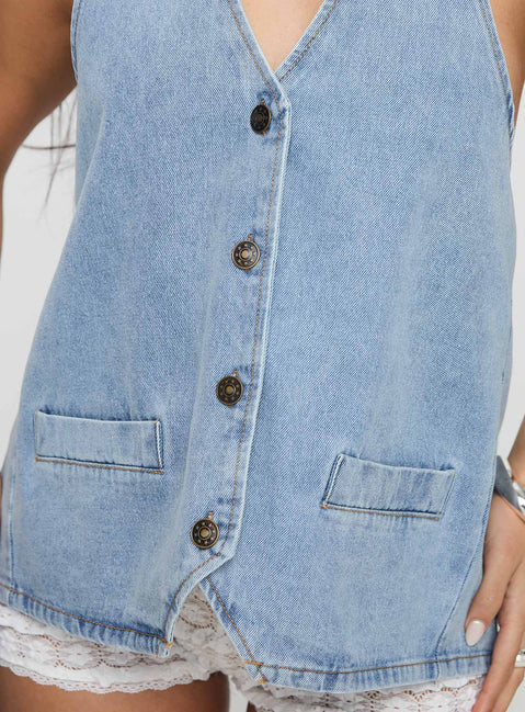product Princess Polly Hills Halter Washed Blue Sleeveless V-Neck 