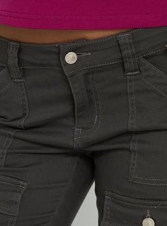 The Trust Fund Low Rise Bootleg Cargo Pants Charcoal in womens regular pants with functional pocket details, product Princess Polly