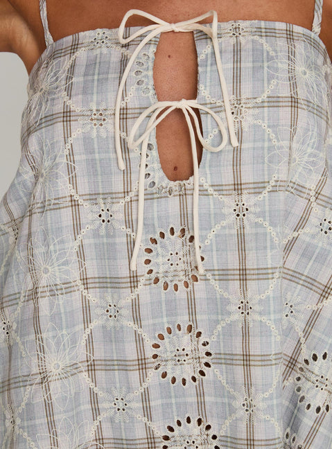 back view of model wearing Princess Polly Belong Together Mini Dress Blue Check Square Neck 