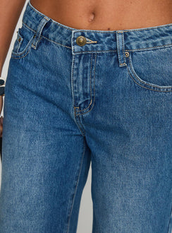 back view of model wearing Princess Polly On Sunset Mid Rise Straight Leg Jeans Dark Wash Mid Rise 