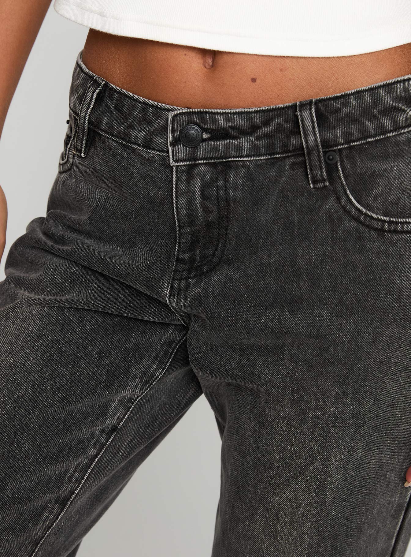 side view of model wearing Princess Polly Better Half Low Rise Jeans Charcoal Low Rise Jeans 