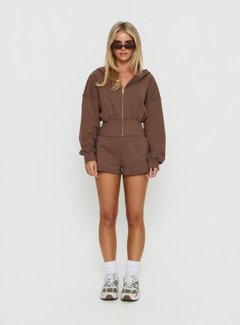 front view of model wearing Princess Polly Daytime Cropped Blouson Hoodie Cocoa 