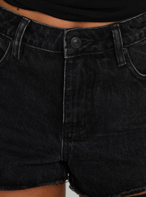 product Princess Polly Reflecting Mid Rise Denim Shorts Black Wash High Waisted Shorts 
