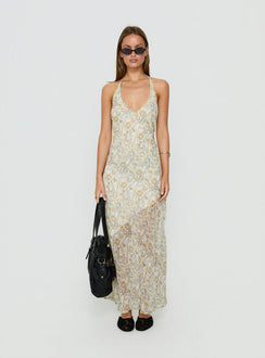Noemi Halter Low Back Maxi Dress Cream Paisley