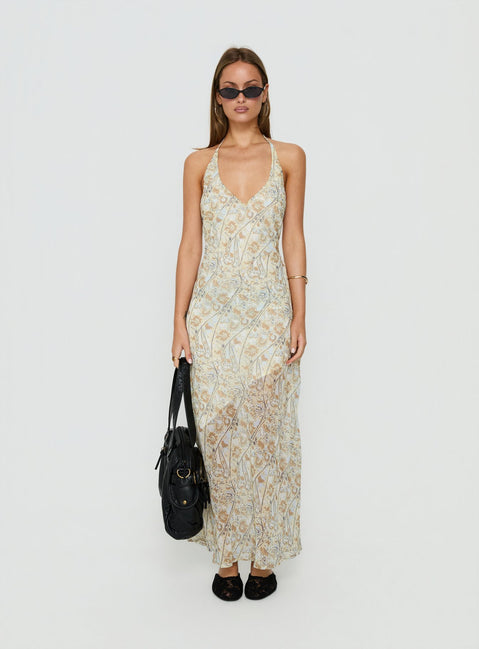 Noemi Halter Low Back Maxi Dress Cream Paisley