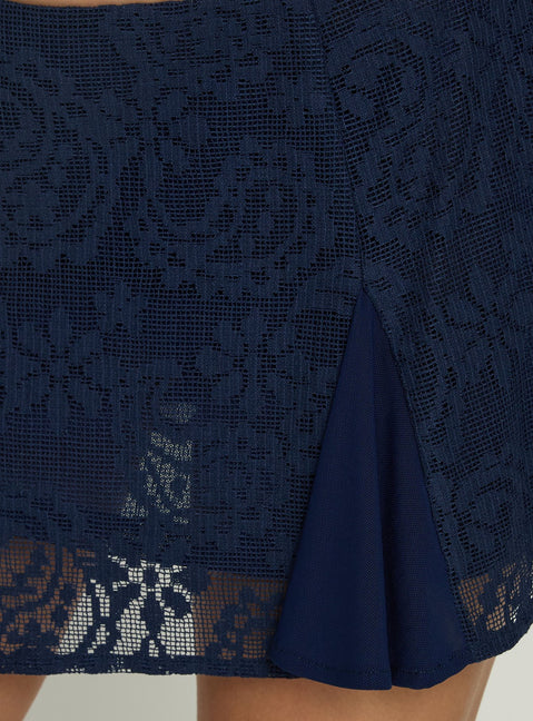 Discover the Quani Lace Mini Skirt Navy womens-skirts with fitted aline design and floral lace hemPrincess Polly