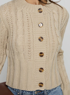 back view of model wearing Princess Polly Donielle Cable Knit Cardigan Beige cropped Jumpers 