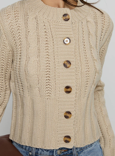 back view of model wearing Princess Polly Donielle Cable Knit Cardigan Beige cropped Jumpers 