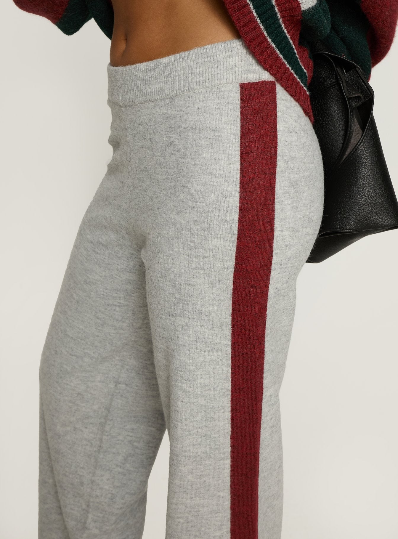 side view of model wearing Princess Polly Brandyce Straight Leg Knit Pants Grey / Red High Rise Pants Pants 