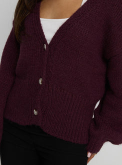 back view of model wearing Princess Polly Yasmyn Knit Cardigan Burgundy Longline Jumpers 