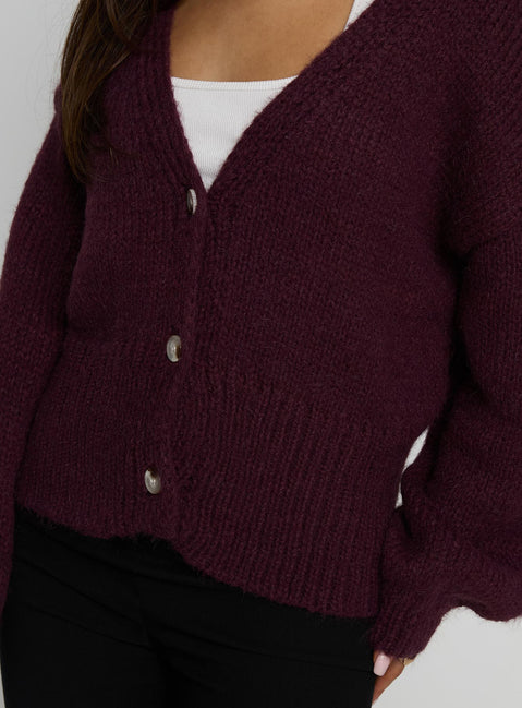 back view of model wearing Princess Polly Yasmyn Knit Cardigan Burgundy Longline Jumpers 