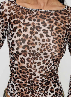 back view of model wearing Princess Polly Believe Me Long Sleeve Top Leopard Full Sleeves Scoop Neck 