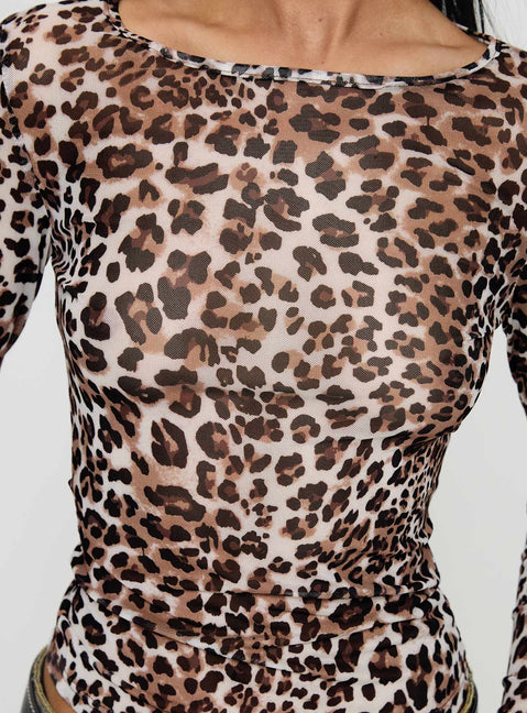back view of model wearing Princess Polly Believe Me Long Sleeve Top Leopard Full Sleeves Scoop Neck 