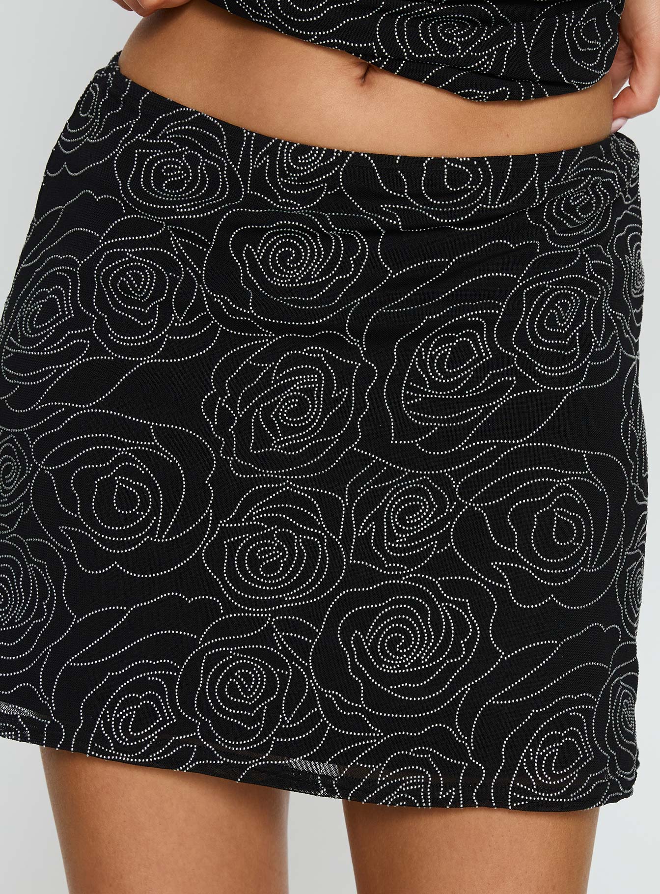 back view of model wearing Princess Polly Forget Me Diamonte Mini Skirt Black Mini Skirts 