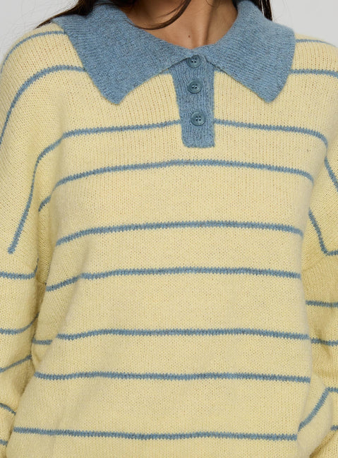 back view of model wearing Princess Polly Minda Collared Knit Sweater Yellow Stripe 