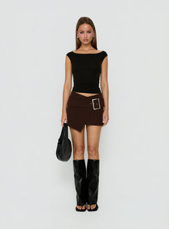 Featuring the Myrienne Belted Mini Skirt Brown Pinstripe womens skirts with fitted shape and asymmetry detail Princess Polly