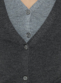 Highlighting the Shadow Cardigan Dark Grey womens jumpers with short top length detail view