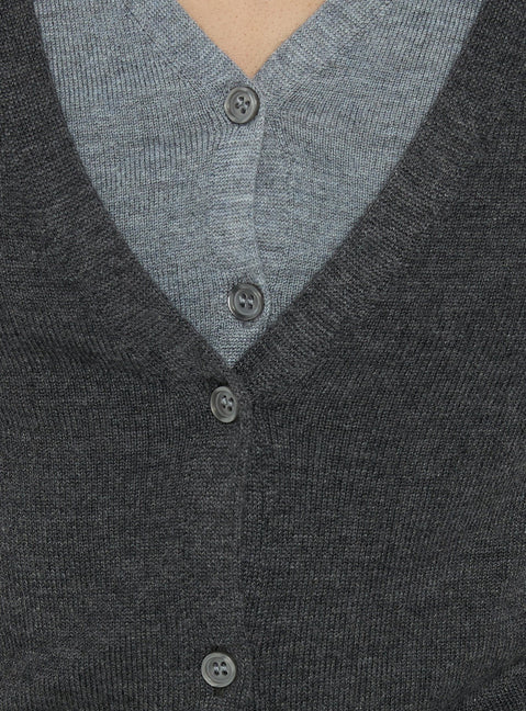 Highlighting the Shadow Cardigan Dark Grey womens jumpers with short top length detail view