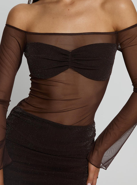 Briseida Mesh Long Sleeve Mini Dress Chocolate