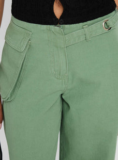 back view of model wearing Princess Polly Mercadi Mid Rise Straight Leg Cargo Jeans Green High Rise Jeans Jeans 