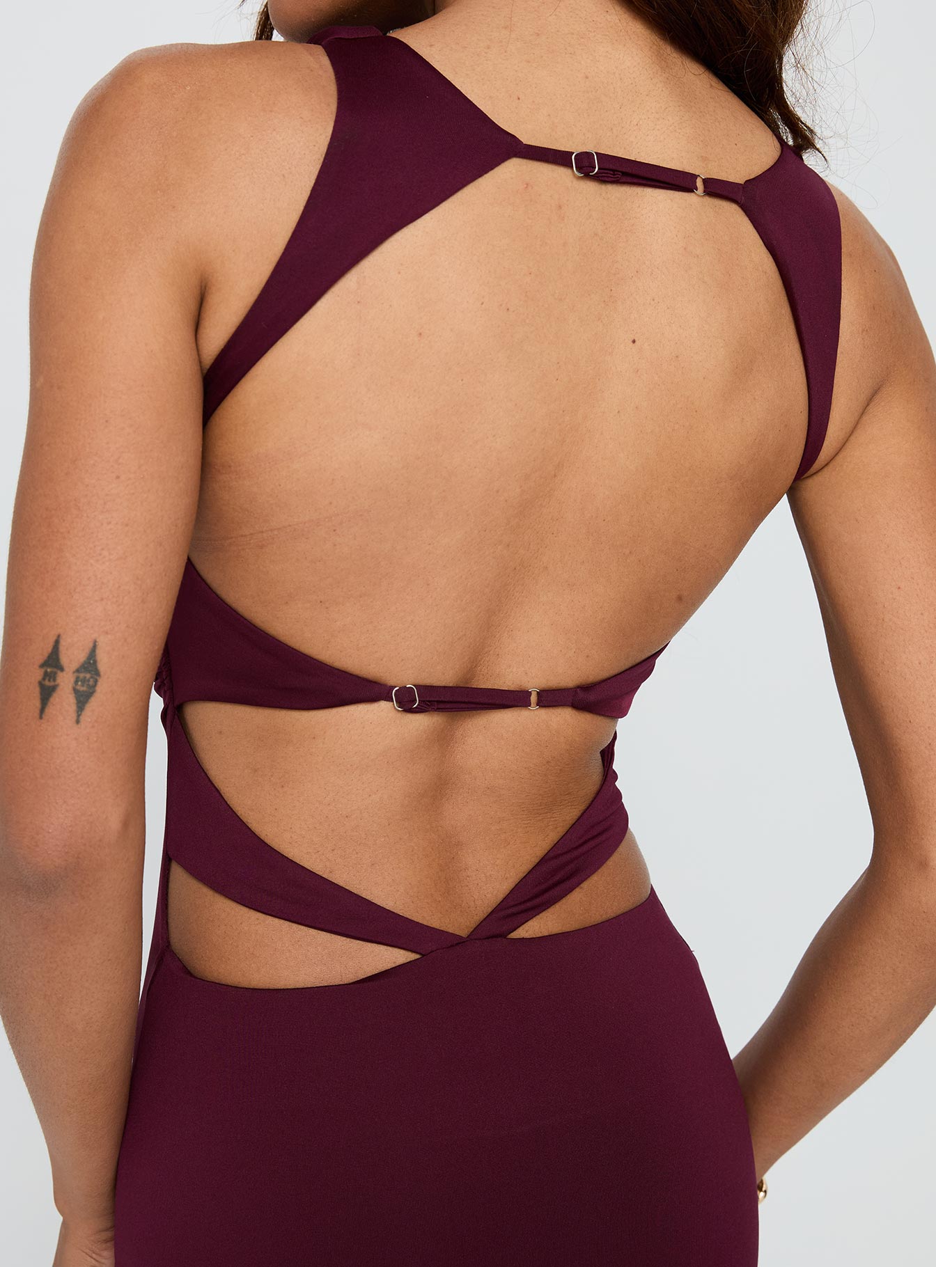 side view of model wearing Princess Polly Undeniable Cut Out Maxi Dress Plum Crew Neck 