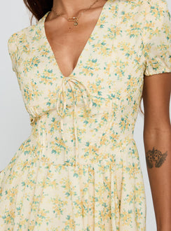 front view of model wearing Princess Polly Ethelyn Mini Dress Yellow Floral V-Neck 