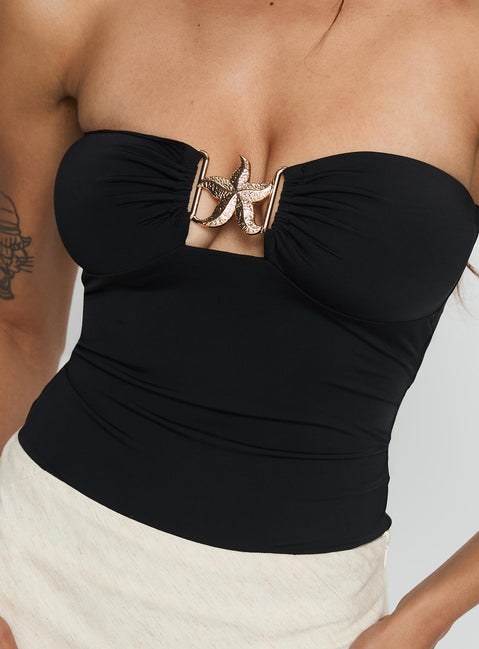 back view of model wearing Princess Polly Jadea Strapless Hardware Detail Bodysuit Black Sleeveless 