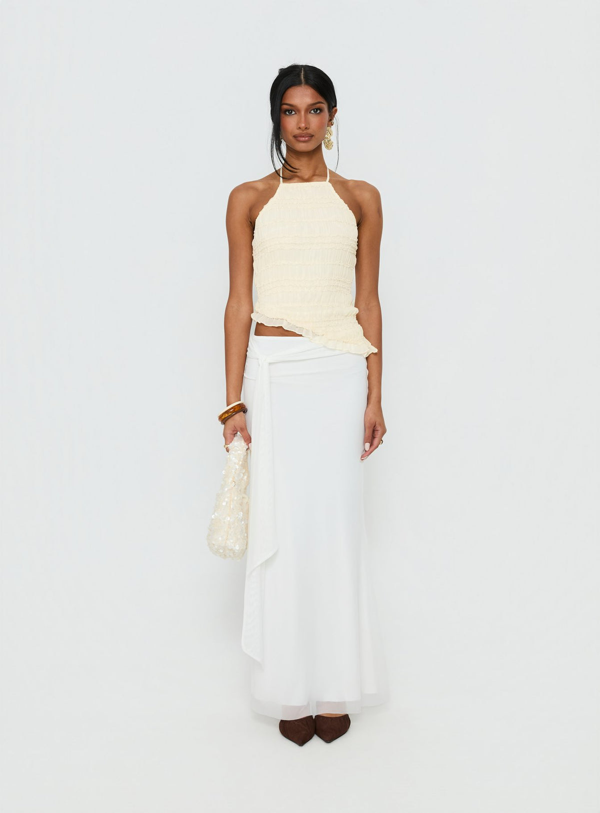   front view of model wearing Princess Polly Caviar Tie Maxi Skirt White Maxi Skirts 