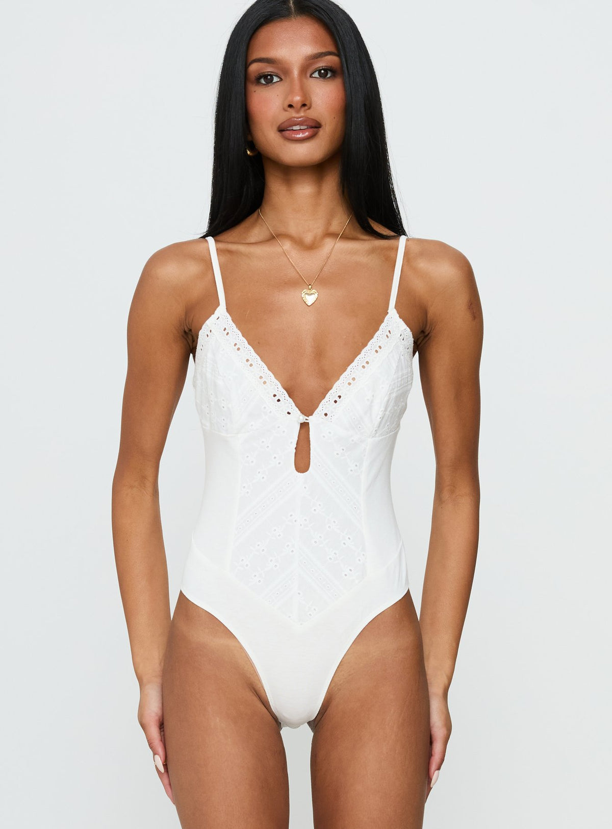 front view of model wearing Princess Polly Nerisse Keyhole Bodysuit White Sleeveless 