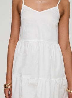 back view of model wearing Princess Polly Zorion Mini Dress White V-Neck 