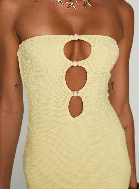 back view of model wearing Princess Polly Saijana Strapless Maxi Dress Lemon Straight Neck 