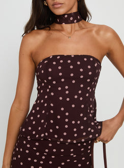 Sydni Scarf Detail Strapless Top Chocolate / Pink Polka Dot