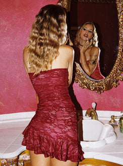 back view of model wearing Princess Polly Hailees Lace Strapless Mini Dress Red Sweetheart Neckline 