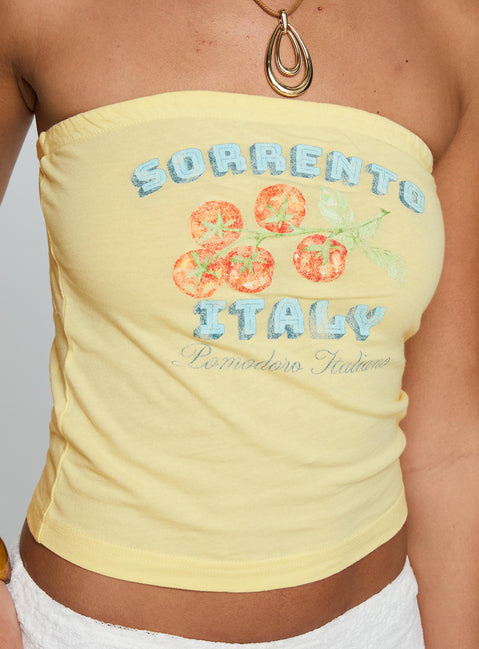 back view of model wearing Princess Polly Sorrento Italy Strapless Top Yellow Sleeveless straight 