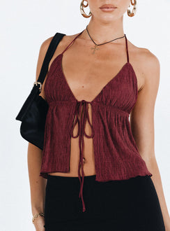 Front view of model wearing  front Princess Polly Sleeveless Sleeveless Scoop Neck Scoop Neck  Chantria Top Burgundy Lower Impact