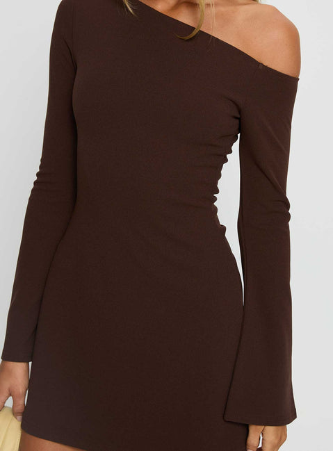 Adrietta Long Sleeve Off Shoulder Mini Dress Brown Tall