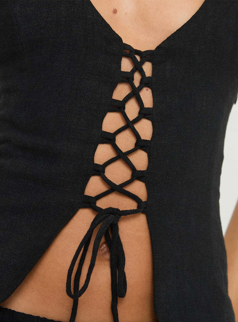 back view of model wearing Princess Polly Clouded Linen Blend Vest Top Black Sleeveless Plunger 