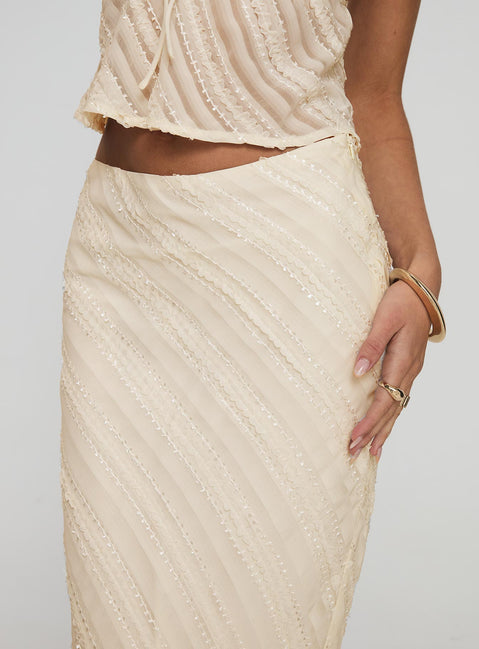 back view of model wearing Princess Polly Jacintha Maxi Skirt Cream Maxi Skirts Skirts 