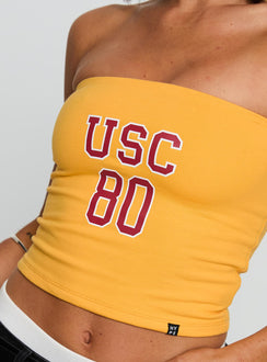 back view of model wearing Princess Polly USC Tube Top Gold Sleeveless straight 