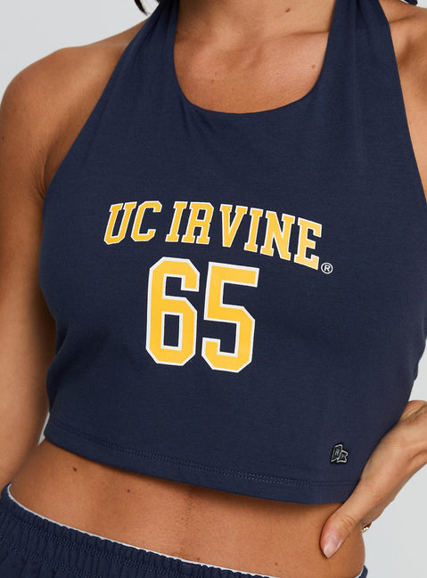 back view of model wearing Princess Polly UC Irvine Tailgate Halter Top Blue Sleeveless Scoop Neck 
