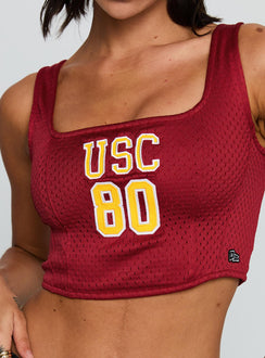 back view of model wearing Princess Polly USC Jersey Corset Top Cardinal Sleeveless Square Neck 