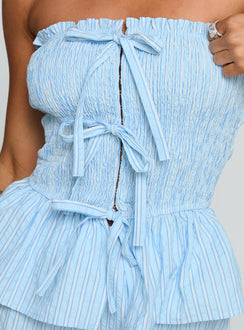 back view of model wearing Princess Polly Saskea Strapless Top Blue Sleeveless straight 