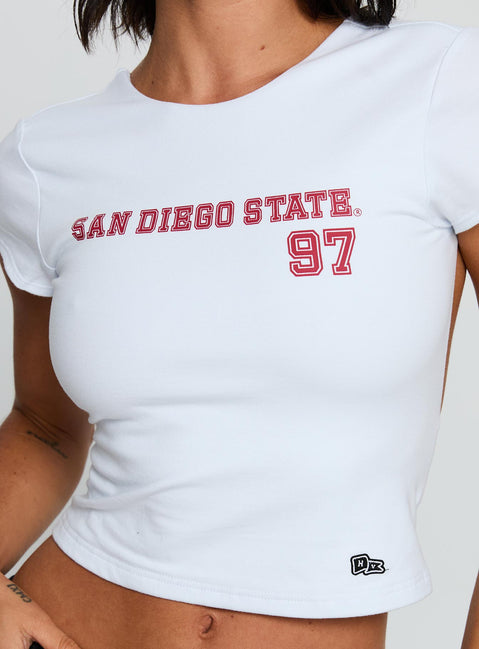 back view of model wearing Princess Polly SDSU Comeback Top White Short Sleeves Crew Neck 