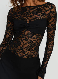 back view of model wearing Princess Polly Anjolene Lace Wrap Bust Bodysuit Black Long Sleeve Tops 
