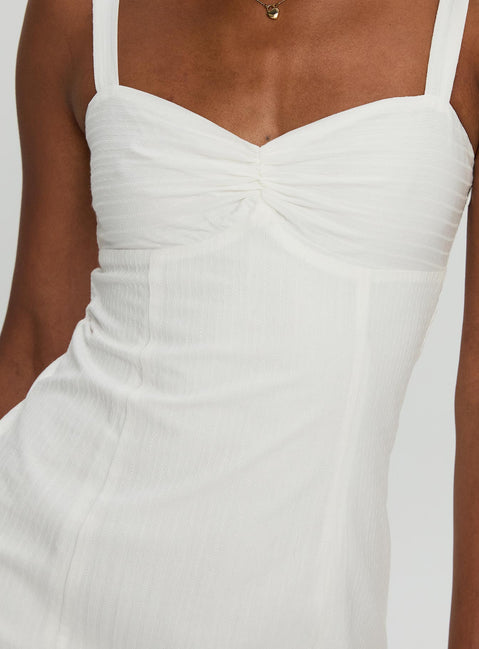 back view of model wearing Princess Polly Summer Isles Mini Dress White Sweetheart Neckline 