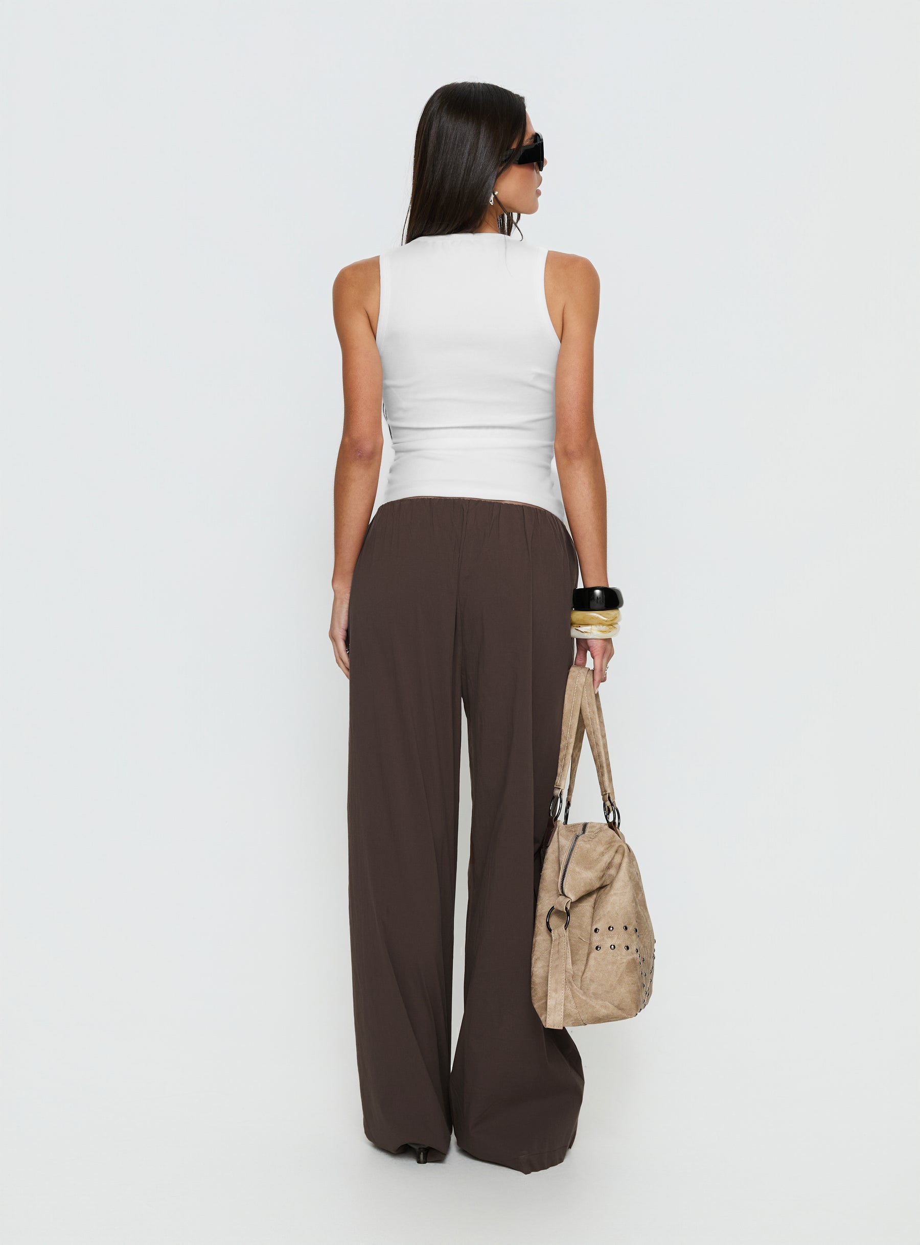Presenting Lunea Concealed Waistband Pants Brown Tall in womens regular pants with high-rise back view of model wearing Princess Polly
