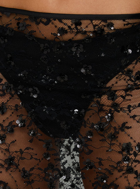 Explore the Fast Life Sheer Sequin Lace Midi Skirt Black in womens-skirts with midi length Princess Polly