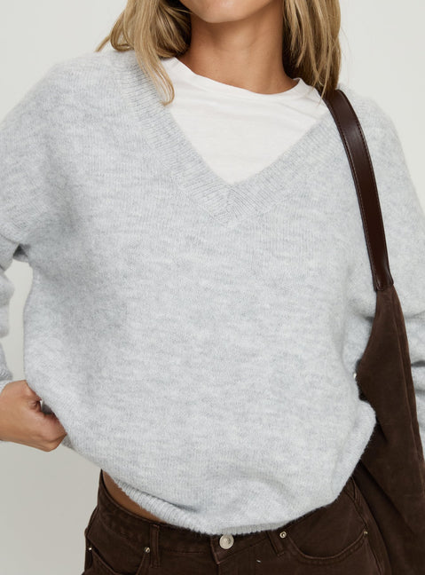 back view of model wearing Princess Polly Stay The Night V Neck Knit Sweater Grey Marle regular 
