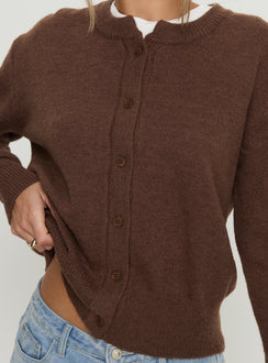 back view of model wearing Princess Polly Melancholia Cardigan Chocolate regular Jumpers 